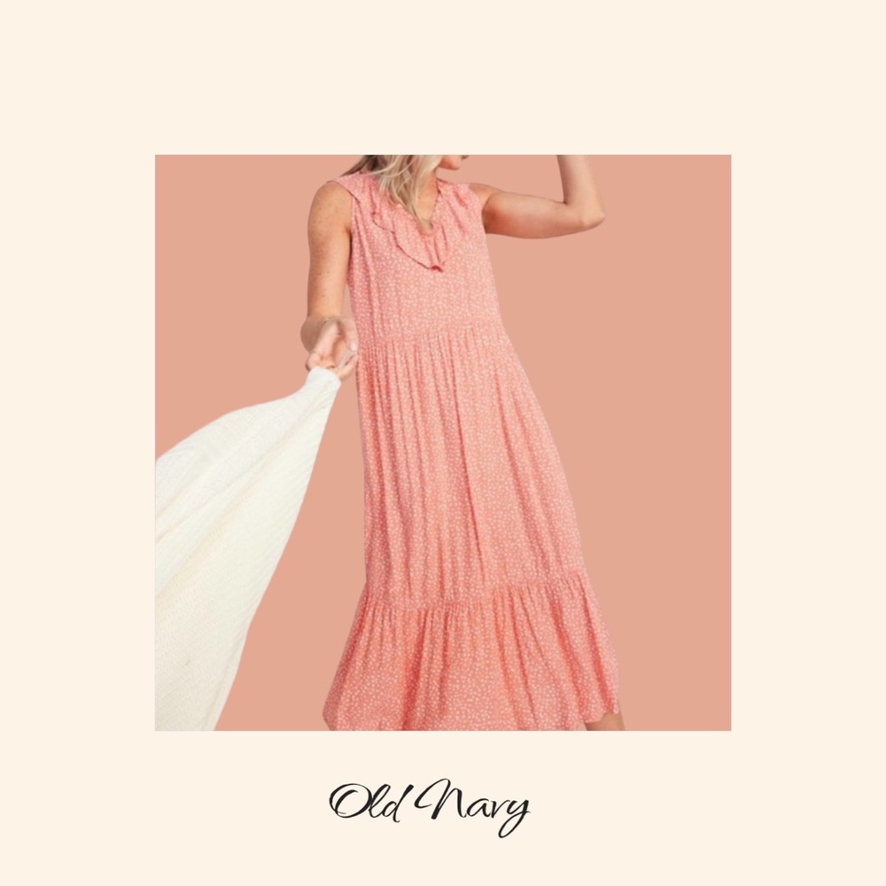 Old Navy Orange Floral Ruffles Neckline Midi/Maxi Dress